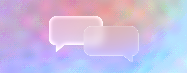 Two overlapping speech bubble icons, one filled and one outlined, rendered in a translucent frosted-glass style on a soft pastel gradient background transitioning from pink and peach to purple and blue.