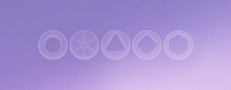 Row of five outlined icon shapes—a circle, a sparkle/star burst, a triangle, a diamond, and a hexagon—in translucent white on a purple gradient background with a subtle dot-pattern texture.