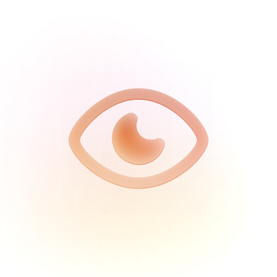 Stylized 3D icon of an eye with a peach-orange gradient, featuring a simplified almond-shaped outline and a comma-shaped iris, on a soft white background.