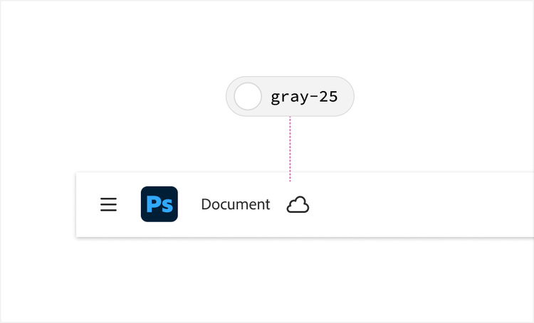 Diagram connecting the token "gray-25" to the light gray toolbar background of a Photoshop-style document window, showing a hamburger menu, the Photoshop app icon, "Document" text, and a cloud icon.