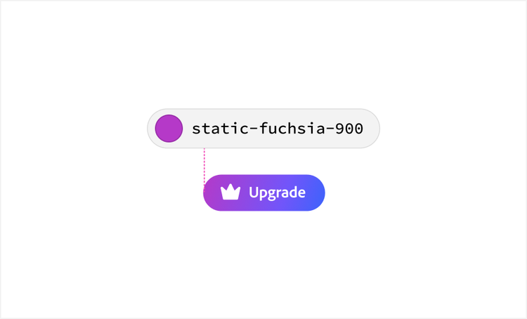 Diagram connecting the token "static-fuchsia-900," shown as a purple circle swatch, to a purple-to-blue gradient "Upgrade" button with a crown icon.