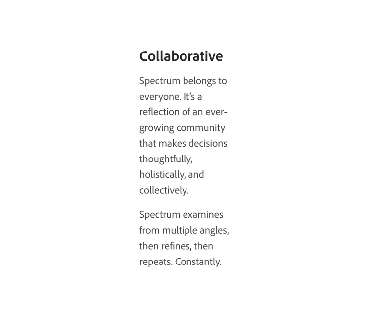 Narrow column of the "Collaborative" paragraph broken into many short lines, illustrating a paragraph width that is too thin, shown as a don't example.