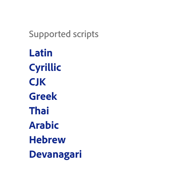 List of supported scripts: Latin, Cyrillic, CJK, Greek, Thai, Arabic, Hebrew, and Devanagari.