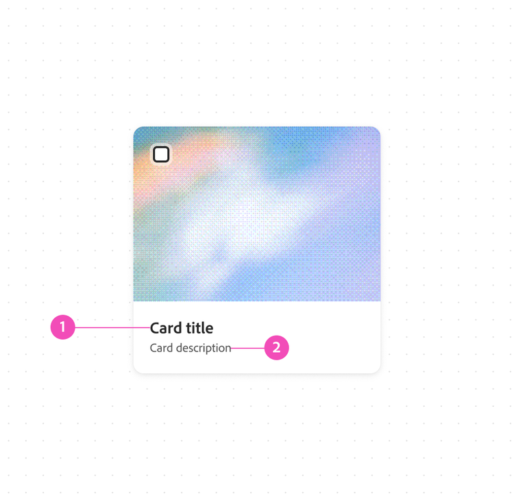 Card example with numbered callouts: 1) "Card title" labeled as the Title style, and 2) "Card description" labeled as the Body style, over a colorful gradient image.