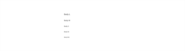 iOS body text style scale showing Body L, M, S, XS, and XXS in regular weight.