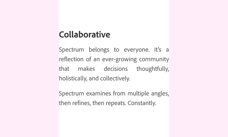 The "Collaborative" paragraph shown fully justified with uneven word spacing on a pink background, shown as a don't example.