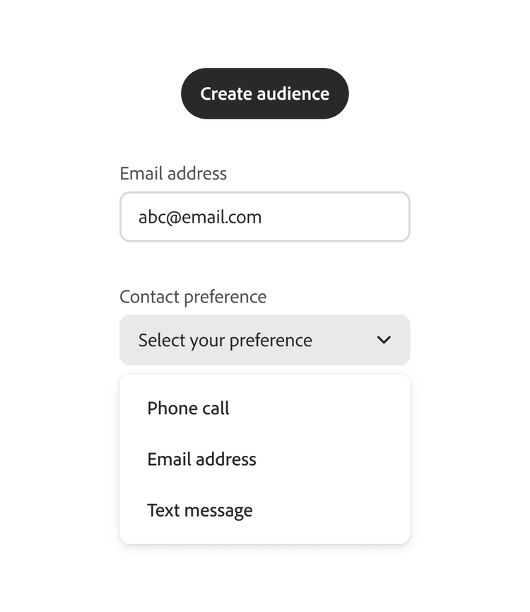 Form with a "Create audience" button, an "Email address" field, and a "Contact preference" dropdown listing "Phone call," "Email address," and "Text message" in sentence case, shown as a do example.