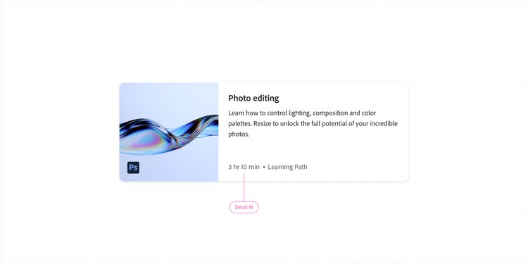 "Photo editing" course card with the duration and category text "3 hr 10 min • Learning Path" labeled as Detail M.