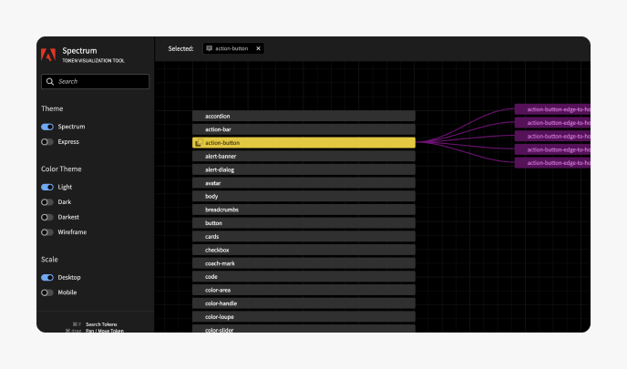 Screenshot of the Spectrum Token Visualizer tool. This example shows some of the tokens used in the action button.